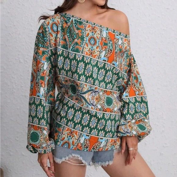 Boho floral print off shoulder lantern sleeve blouse - Picture 4 of 16